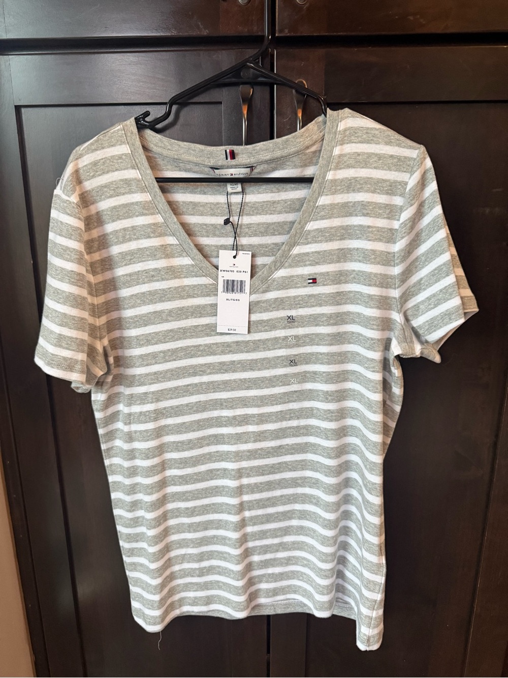 Tommy Hilfiger Light Gray & White Striped V-Neck Tee